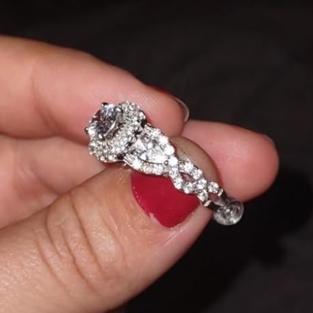 Silver Diamond Halo Engagement Ring Set Wedding - Picture 7 of 14